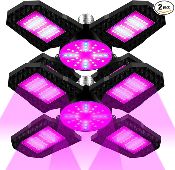2Packs 200W Deformable Plant Light E27/E26 LED Greenhouse Hydroponic Luminaires 90-260V Indoor Plant Lamps 4 Adjustable Panels Red-Blue Spectrum for Succulent Cactus Cultivation Growth Box Fill Lights