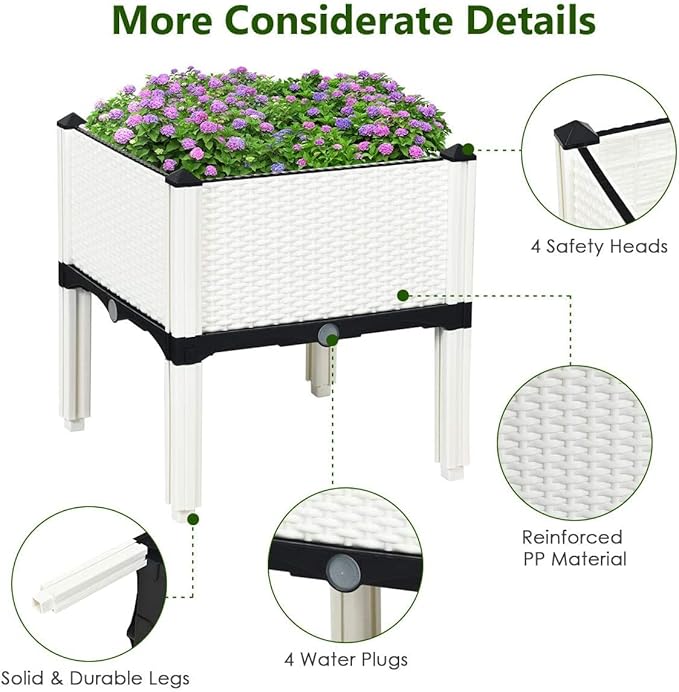 GRAFFY Set of 4 Raised Garden Bed Kits Elevated Garden Beds with Self-Watering Design Raised Garden Boxes for Flowers Vegetables and Herbs Planting Box Container for Patio Yard Balcony (White)