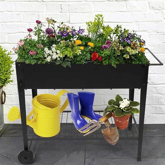 Mobile Metal Raised Garden Bed Cart with Wheels Elevated Planter Box for Vegetables Herbs Flowers Indoor &amp Outdoor Patio Balcony Backyard Ergonomic Waist-High Design Black