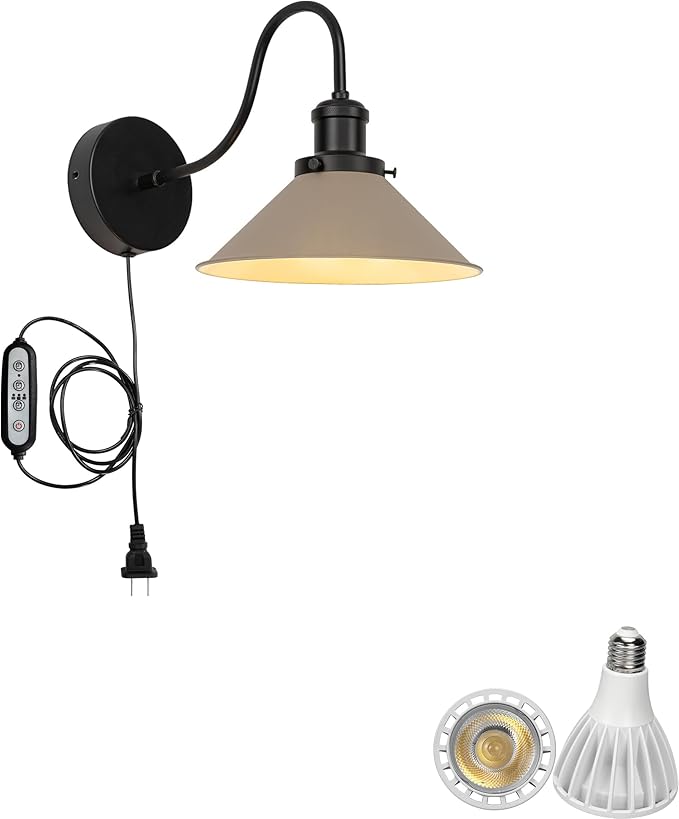 Hook Mounted Plant Light Full Spectrum 6000K 25W White Light Timing Plug in Cord Vintage Khaki Cone Shade Goose Neck Wall Lamp for Indoor Plants Flowers Growing