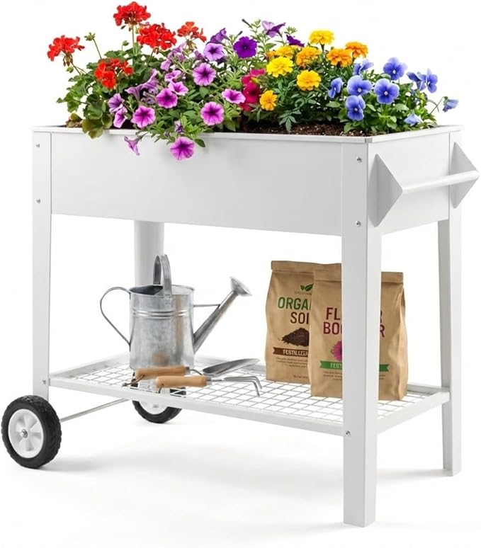Elevate 39 Raised Garden Bed with Wheels &amp Storage Shelf 400 Lbs Capacity Anti-Rust Steel Planter Box for Vegetables &amp Herbs Patio/Balcony/Backyard