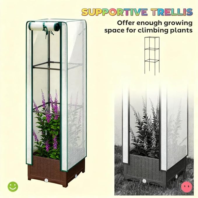Portable Outdoor Plant BoxGarden Bed with Trelliswith CoverDrainage Holes and Zipper Door