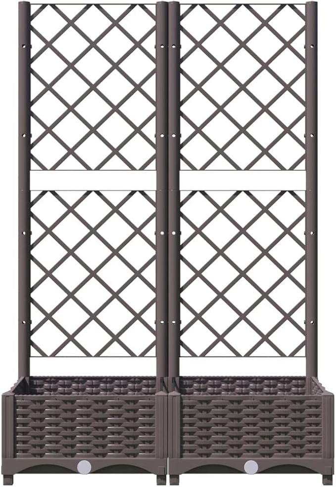 Large Outdoor Raised Planter with Trellis 31.5x15.7x47.8 Brown Polypropylene Elevated Garden Box for Climbing Plants Modern Matte Patio Trough for Balcony Terrace and Yard