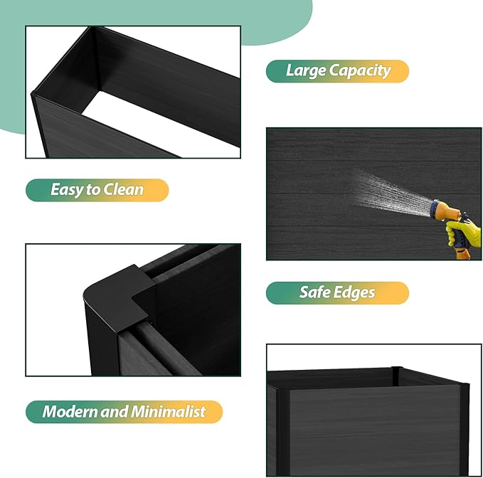 Modular Raised Garden Bed - Expandable Design with Composite Panels &amp Aluminum Frame - Perfect for Flowers Vegetables Herbs - Outdoor Planter Cuboid Box for Patio Balcony Backyard (Black)