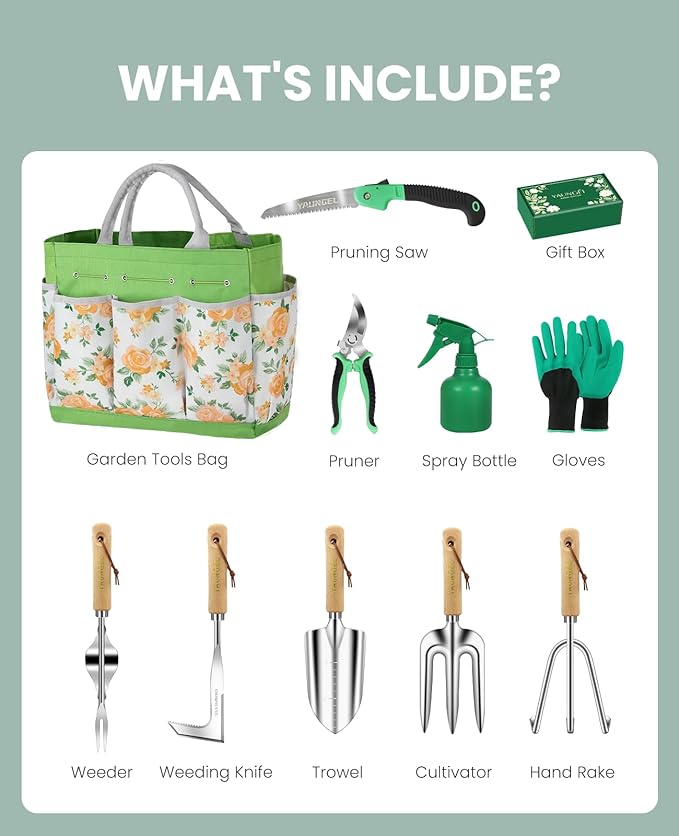Gardening Tools - 10 Piece Heavy Duty Gardening Hand Tools Stainless Steel Garden Tools with Wooden Handle Storage Garden Bag Gardening Gifts for Women and Men
