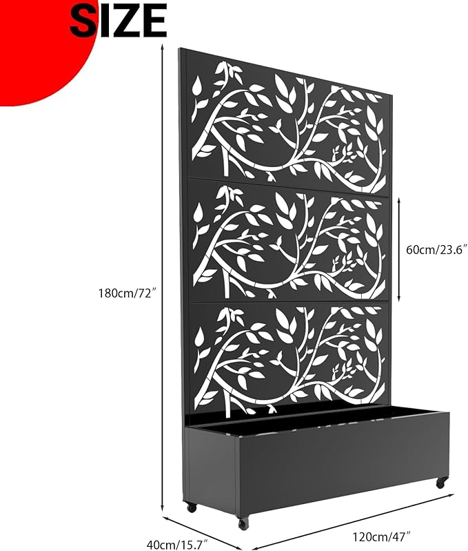 Outdoor Metal Privacy Screen with Trellis &amp Planter Box – 72 x 47 Mobile Raised Garden Bed on Wheels with Drainage Patio Divider for Climbing Plants &amp Vegetables Black Tree Texture