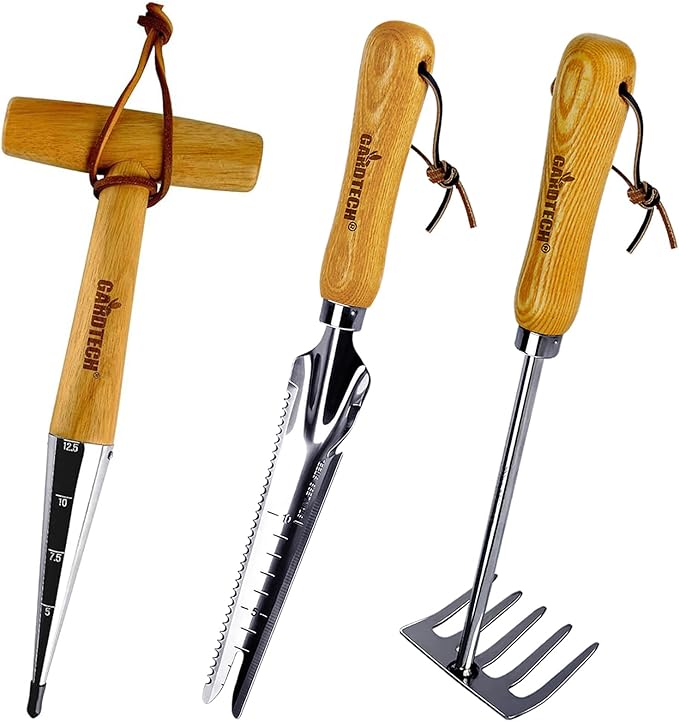 Gardtech Garden Tool Set Made by Real Ash Wood Handle and Thicken Stainless Steel- 3 Pcs Including Garden Hand Trowel Transplant Cultivator-Gardening Gifts for Gardener