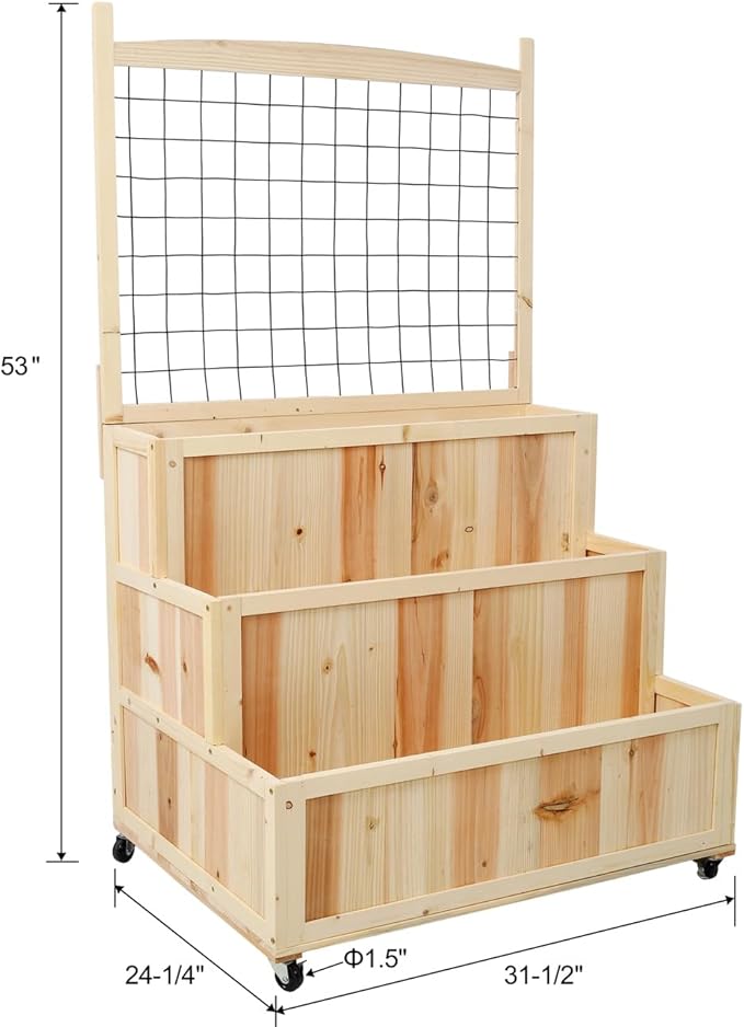 ZeHuoGe 3-Tiers Raised Garden Bed with Trellis 53 H Vertical Planter Box with Wheels &amp Back Storage Area for Flowers Vegetables Herbs Natural