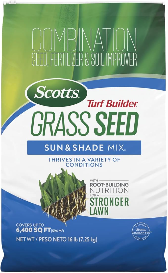Scotts Turf Builder Grass Seed Sun and Shade Mix with Fertilizer and Soil Improver Thrives in Many Conditions 16 lbs.