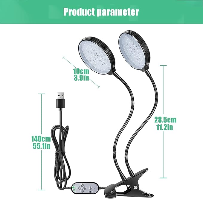 1-4 Heads LED Grow Light Full Spectrum Clip Plant Growing Lamp 5-Segment Dimming Mode 3 Fill Light Conversion Modes 4/8/12H Timer Idea for Small Plant Light (Size : 2pcs) ()