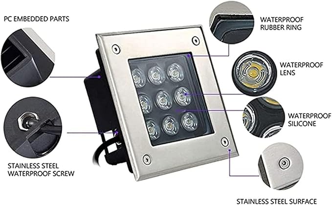 Outdoor LED Spotlight - Square Buried Lamp 9W LED Recessed Garden Spotlights IP65 Waterproof LED Beam Spotlight for Decks Stairs Pathways Lawn Landscape Lighting(Natural Light24V)