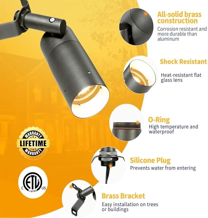 Gardenreet Brass Low Voltage Down Lights 12V Outdoor LED Landscape Spot Downlights for Tree Gazebo Pillar Rain gutters with 5W MR16 LED Bulb 2700K Warm White(8 Pack)
