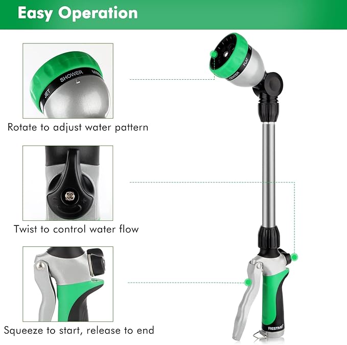 RESTMO Metal Watering Wand Heavy Duty Garden Hose Wand with 180° Swivel Ratcheting Head 16-Inch Hose Nozzle Sprayer with 7 Spray Patterns and Flow Control Ideal to Water Hanging Baskets and Shrubs