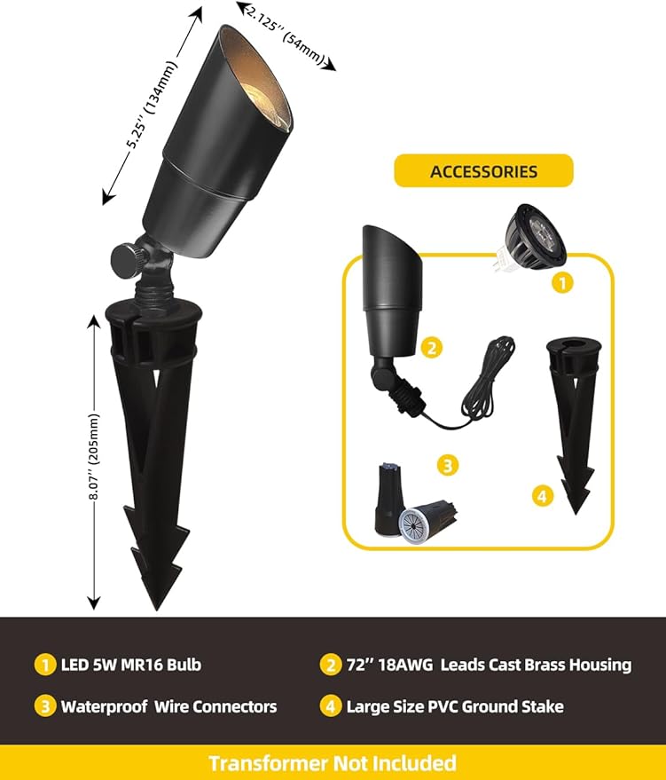 COLOER Brass Low Voltage Landscape Spotlight(Black) 6-Pack with 5W Aluminum Housing MR16 LED Bulb 2700K 450LM CRI85+12V AC/DC Outdoor Uplighting Directional Garden Patio Spot Up Light(101B-Black)