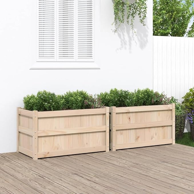 Garden Planter Set of 2 Natural Wood Color Solid Pine Rectangular Raised Garden Bed Outdoor Planters for Flowers Herbs Vegetables