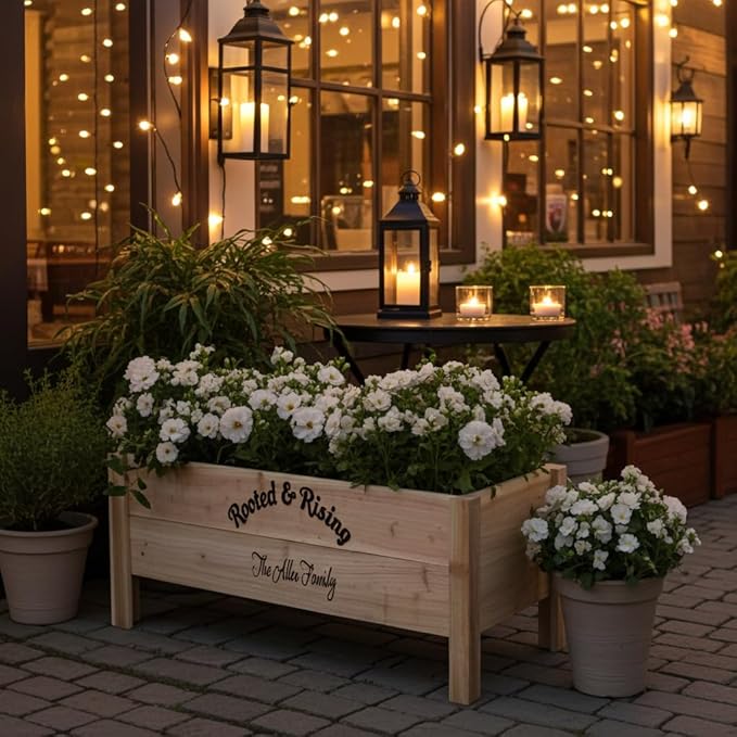 Personalized Cedar Raised Planter Box – Custom Engraved Wooden Garden Boxes for Weddings Events Restaurants &amp Coffee Shops Handmade in USA
