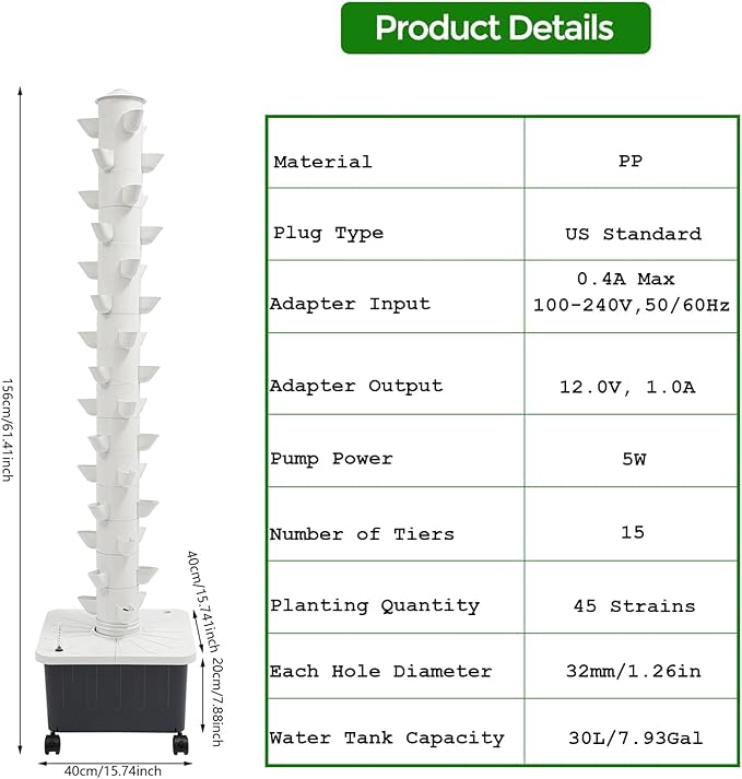 15-Tier Hydroponic Growing Tower 45-Plant Vertical Garden Kit with Water Pump Hydroponics Tower Growing System with 4 Wheels for Herbs Vegetables Strawberries (White)