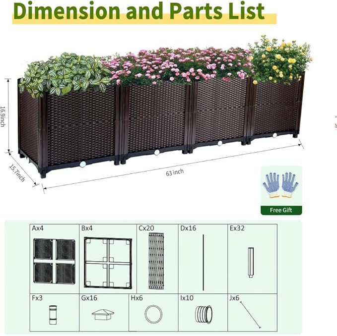 Emalie Deep Raised Garden Beds Large Plastic Planter Box with Drainage Plugs for Veggies Flowers Herbs Deep Root Plants Growing 63.0 Lx15.7 Wx16.9 H Brown