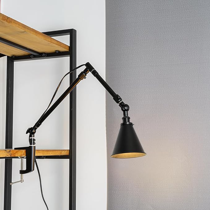 15Ft Timer Switch Cord Clip Mount Plant Growing Stand Socket Light Adjustable Length Black Cone Shade Retro Design for Shelf Or Table Indoor Plants (No Bulb)