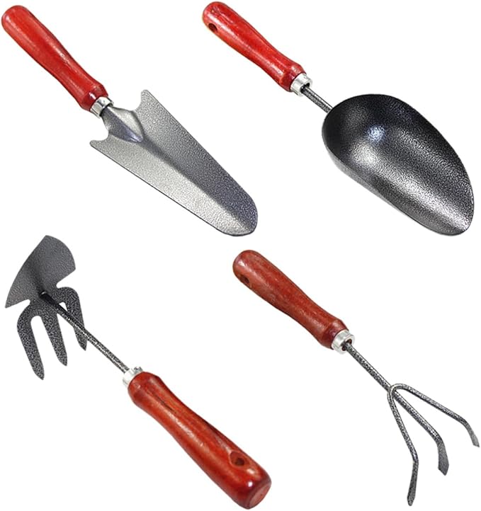 Garden Tool Set with Small Gardening Shovel and Narrow Spade 4pcs Hand Tools for Digging Weeding and Planting Mini Iron Trowel and Three-Claw Rake for Home and Outdoor
