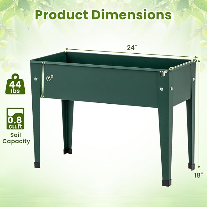 2 Pcs Raised Garden Bed with Legs 24 x 11 x 18 Inch Metal Elevated Planter Box w/Drainage Hole for Flowers Herbs Standing Raised Planter Bed for Indoor Outdoor Balcony Patio Backyard Green