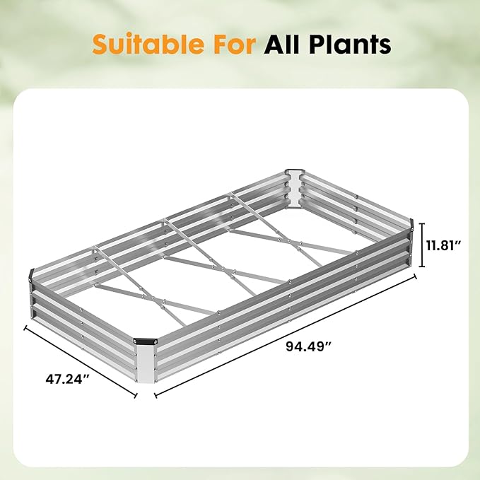 NEWBULIG 8x4x1ft Galvanized Raised Garden Bed Outdoor Metal Planters Box for Vegetables Flowers &amp Herbs Open Base Easy Assembly X-Shaped Bars