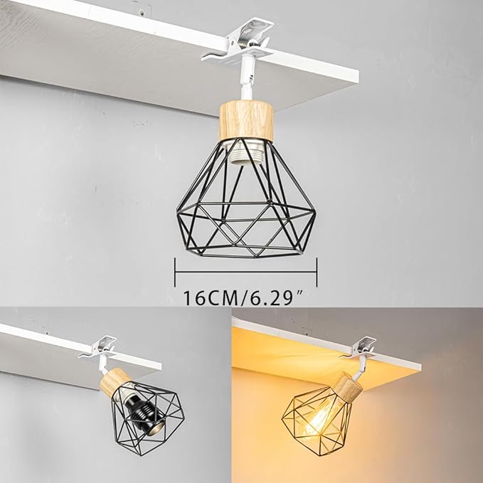 Clip Mount 5.9Ft Plug in Timing Cord Plant Light Full Spectrum 4500K 10W Wood Base Black Metal Hollow Cage Shade Adjusted Angle Vintage Clamp Light for Indoor Plants