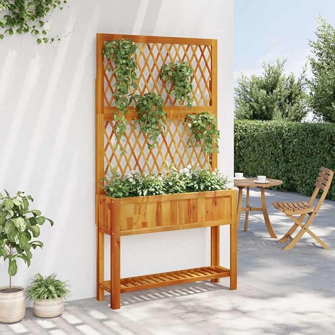 Large Natural Acacia Wood Planter with Trellis and Shelf Durable Solid Acacia Raised Garden Bed for Outdoor Plants 12.6x39.4x72.8 Inches