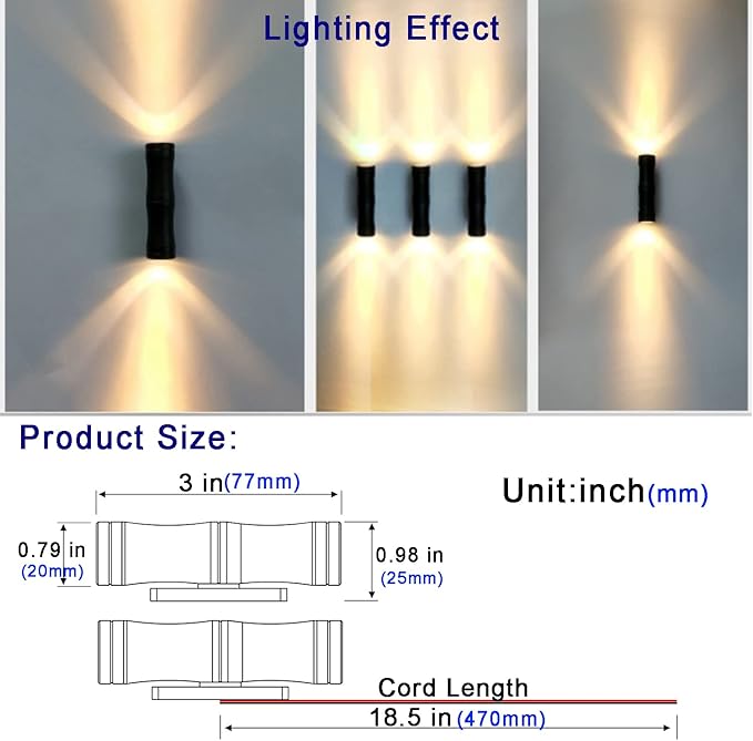 LED Wall Light Mini Bamboo 3W 12V-24V DC 15° Narrow Beam Angle IP65 Waterproof Surface Mounting Outdoor Landscape LightingWarm White 3000K (B - Double Beams)
