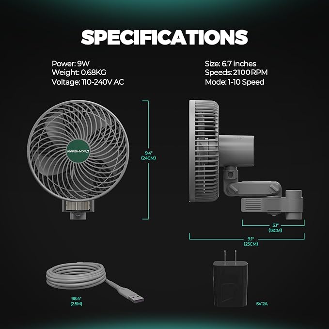 Mars Hydro M6 Grow Tent Fan 10 Speeds Powerful Oscillating Clip Fan with Low Noise for Hydroponic Plants and Ventilation Circulation with Convenient APP/WiFi Control