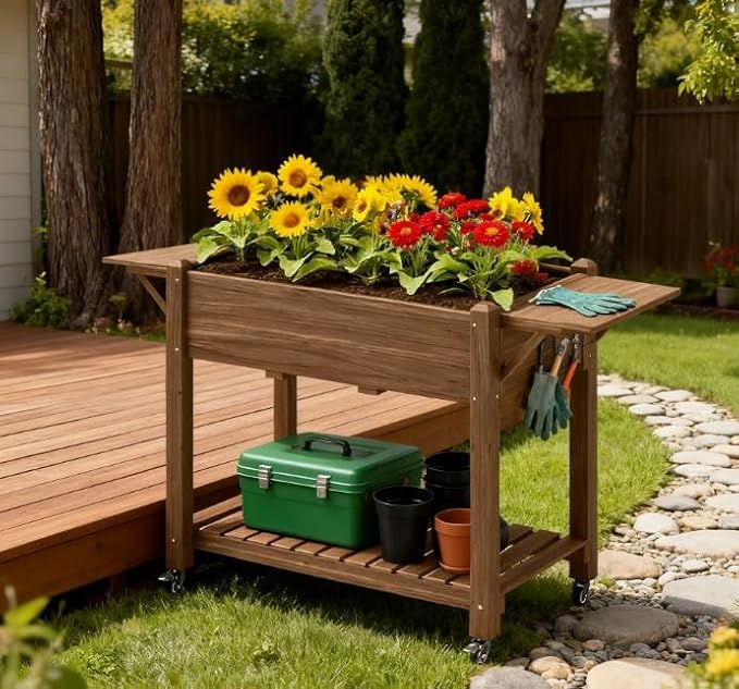 Convenient Elevated Garden BedWood Raised Planter Boxwith Lockable WheelsSide TablesBottom ShelfDrain Holes