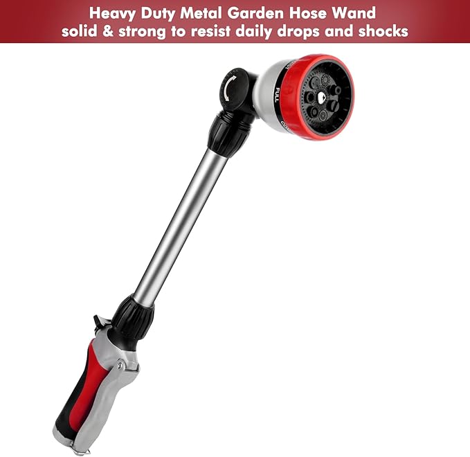 RESTMO Metal Watering Wand Heavy Duty Garden Hose Wand with 180° Swivel Ratcheting Head 16'' Hose Nozzle Sprayer with 7 Spray Patterns and Flow Control for Water Hanging Baskets and Shrubs Red