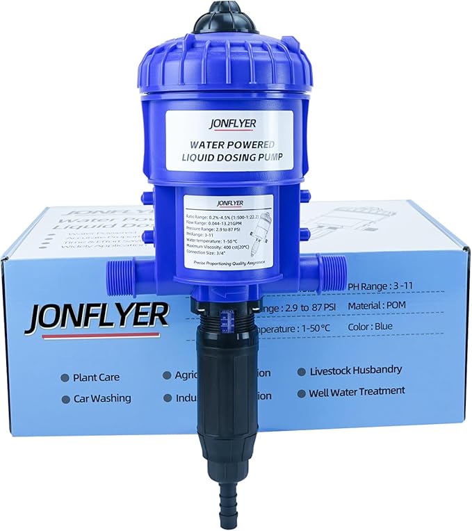 GEN Ⅱ 0.2-4.5% Fertilizer Injector Automatic Chemical Liquid Dosing Pump13.21GPMPOM HousingWater Powered Liquid Dispenser for Drip Irrigation Garden Greenhouse Livestock Water Well