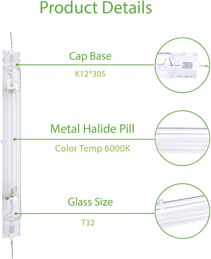6000K 1000W Double Ended MH Grow Light Bulb1000 Watt DE Metal Halide Grow LampHigh PAR Enhanced Blue and Violet SpectrumCompatible with Ballasts of 1000W Double Ended HPS Bulb