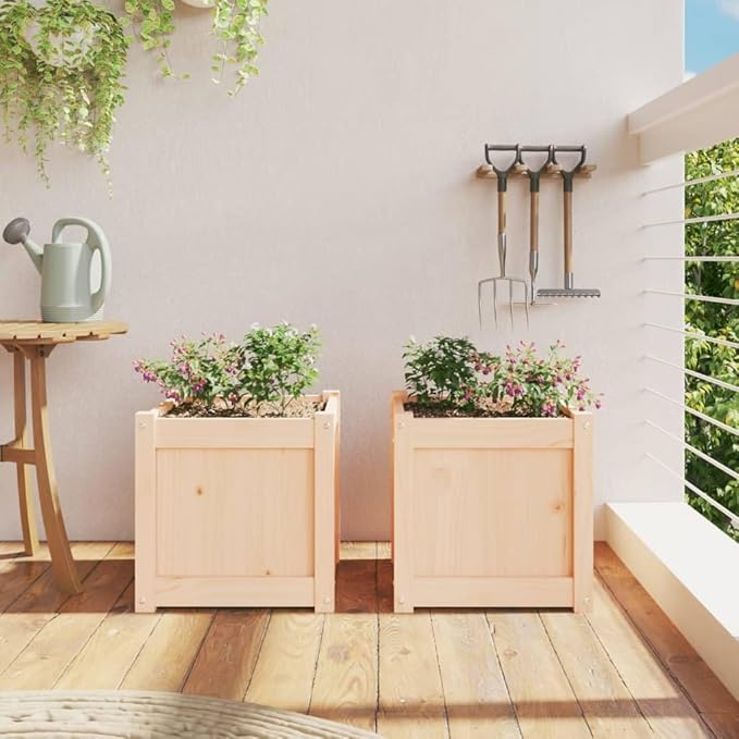 Garden Planter Set of 2 Natural Solid Pine Wood 15.7x15.7x15.7 inch Square Raised Garden Beds for Outdoor Plants Rustic Finish