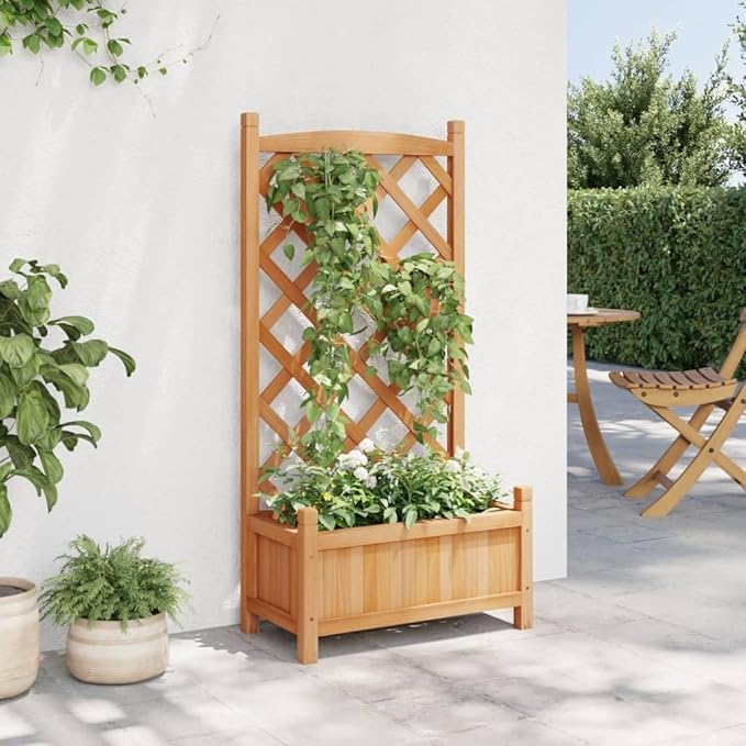 Planter with Trellis Brown Solid Wood Fir Raised Garden Bed for Climbing Plants Outdoor Patio Planter Box with Trellis Raised Flower Bed Elevated Garden Bed for Vegetables and Flowers