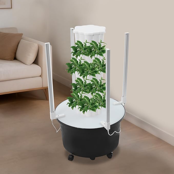 4 Tier Hydroponic Growing Tower with Led Grow Lights Water Pump 24 Planting Pots Vertical Garden Indoor Outdoor Automatic Water Circulation System Locking Wheels for Home Patio Balcony
