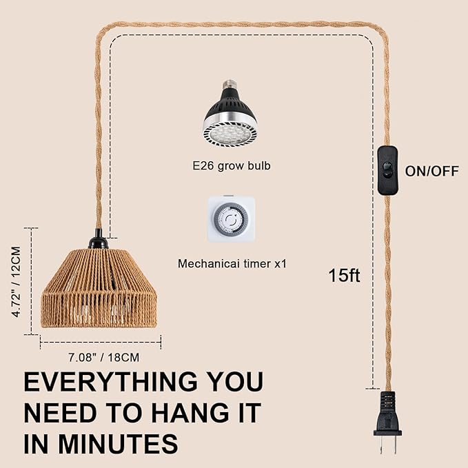 30W Suspended Indoor Plant Growth Light 24-Hour Cycle Timer 4000k Full Spectrum LED Suitable for Large Tall Plants Gardens Flowers and greenhouses Suspended Plant Pendant Light