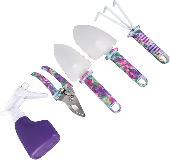 5 Piece Garden Tool Set Includes Cultivator Rake and Shovels Branch Scissors with Spray Can for Indoor and Outdoor Planting Purple Storage Container.