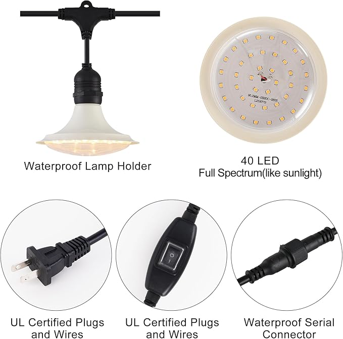 Outdoor LED Grow Lights Waterproof String Grow Light Full Spectrum Plant Growing Lights with 42Ft Cord 12 Lights for Outdoor Greenhouse Planting Rainproof and Windproof
