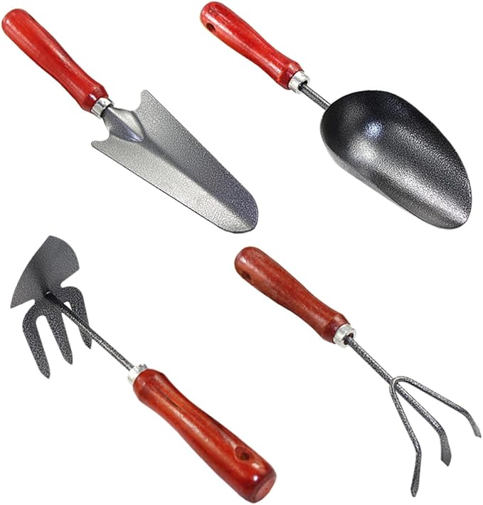Garden Tool Set for Digging and Weeding 4pcs Mini Metal Shovel and Rake Kit with Extended Narrow Spade 3-Claw Rake Dual-use Hoe and Soil Scoop for Flower Planting and Vegetable