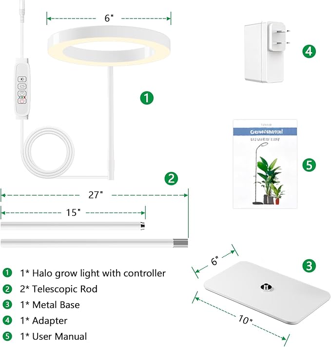 One Head Grow Light for Indoor Plants Full Spectrum - Floor Standing Plant Lamp with Auto Timer 6/12/18H 5-Level Dimmable &amp Adjustable Height 16.5-68in for Large Tall Plants | White
