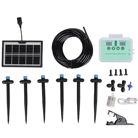 Fockety Drip Irrigation System Solar Automatic Drip Irrigation Kit with Timer Rainwater Collector and Adjustable Nozzle Automatic Watering System for Plants Indoor Outdoor (White)