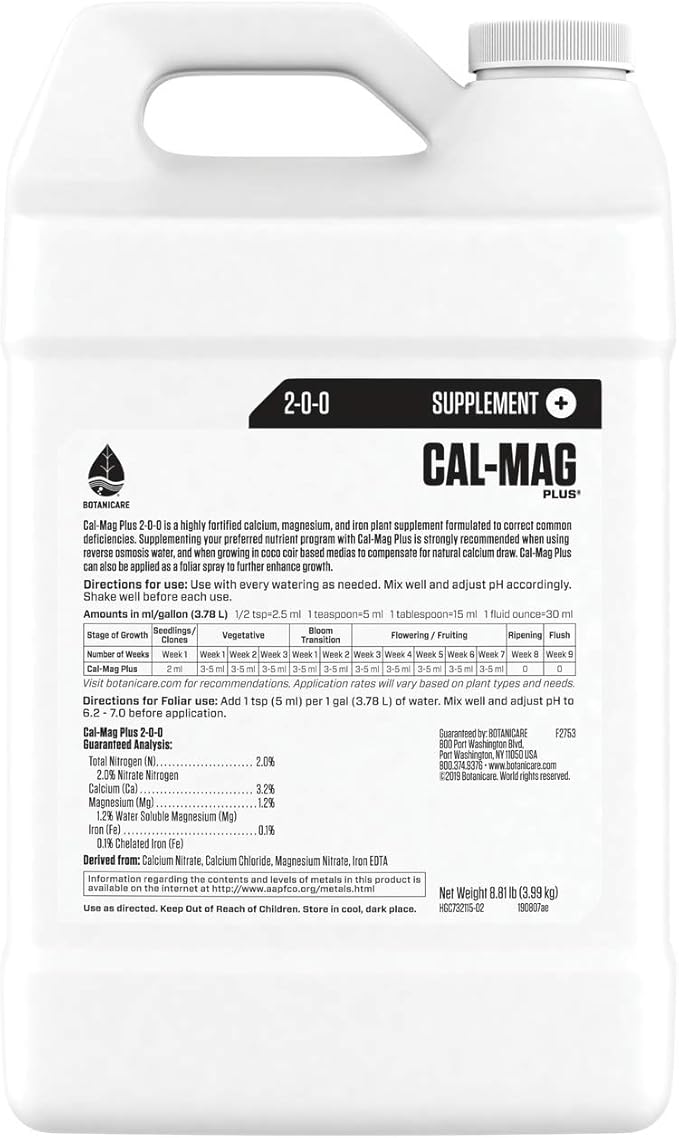 Botanicare Cal-Mag Plus A Calcium Magnesium and Iron Plant Supplement Corrects Common Plant Deficiencies Add to Water or Use as a Spray 2-0-0 NPK 1-Gallon