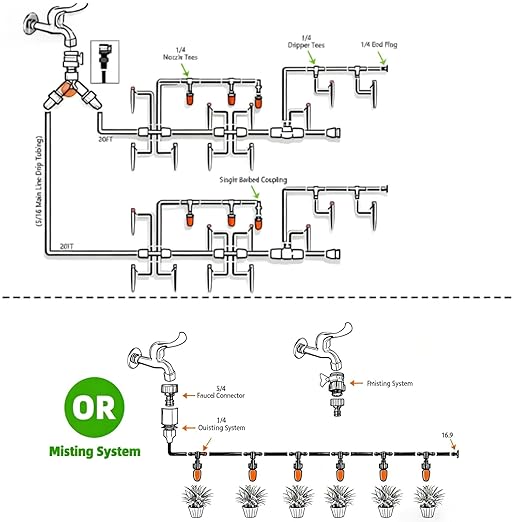 240FT Garden Drip Irrigation Kit - DIY Plant Watering System with 3 Adjustable Modes (Mist Drip Vortex Nozzles) 5/16 Mainline &amp 1/4 Tubing for Greenhouse Patio Raised Beds
