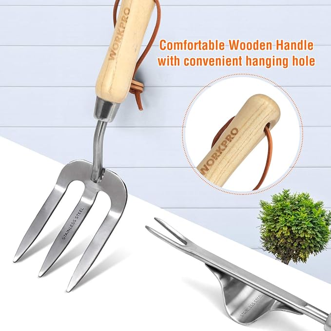 WORKPRO Garden Tools Set 8 Piece Stainless Steel Heavy Duty Gardening Tools with Wooden Handle Including Garden Tote Gloves Trowel Hand Weeder Cultivator and More-Gardening Gifts For Women Men