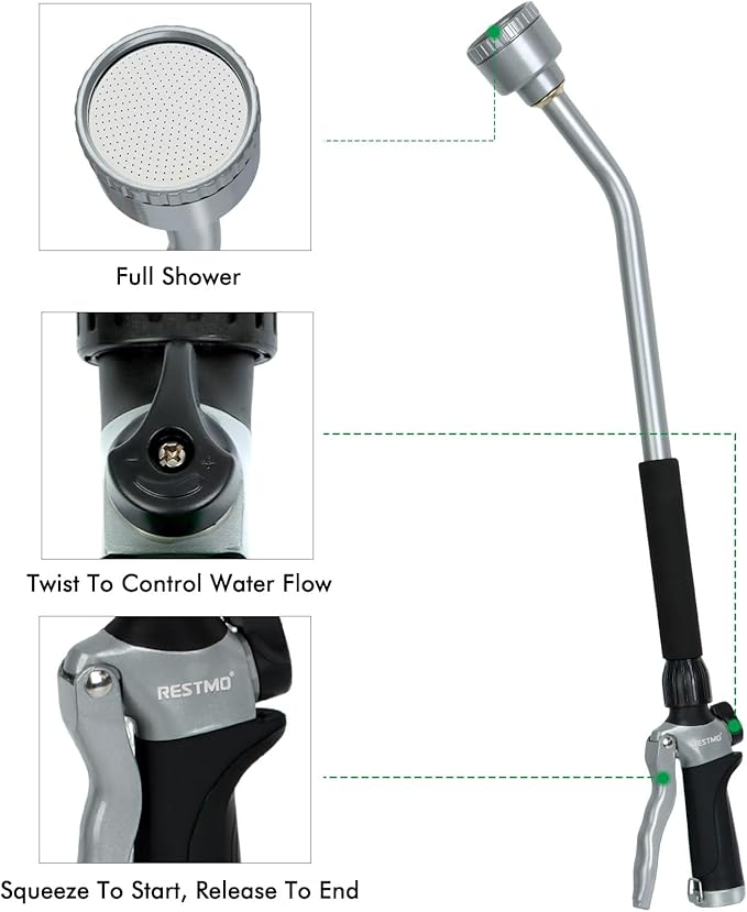 RESTMO Long Watering Wand 24 Inches Gentle Soft Full Shower Sprayer Wand with Flow Control Heavy Duty Metal Hose Wand for Hanging Baskets Shrubs Plants Flowers Garden and Lawn Black