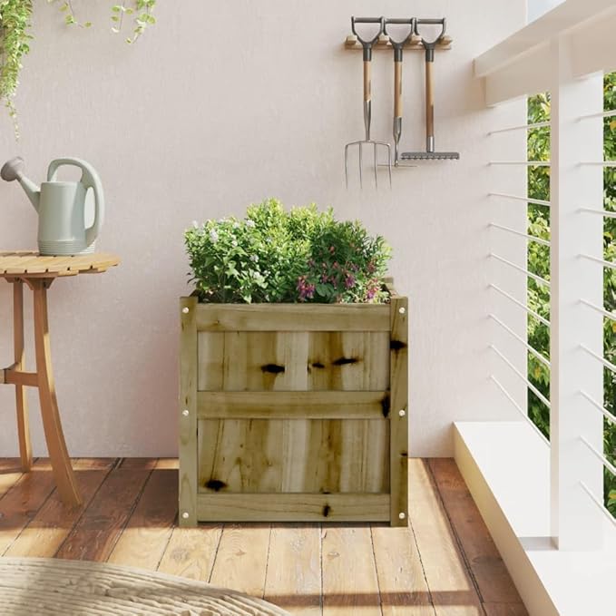 Garden Planter Brown Treated Pine Wood 19.7 in Square Outdoor Raised Garden Bed Decorative Touches for Patio Deck and Yard Durable Construction