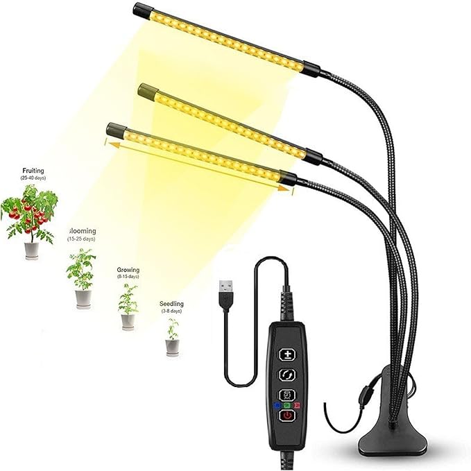 LED Grow Lights Full Spectrum 3 Head 12W Clipes On Indoor Plant Growing Lighting with Gooseneck 3 Timer 10 Dimmable Levels Three Light Modes Red Blue Warm (Head 12W)