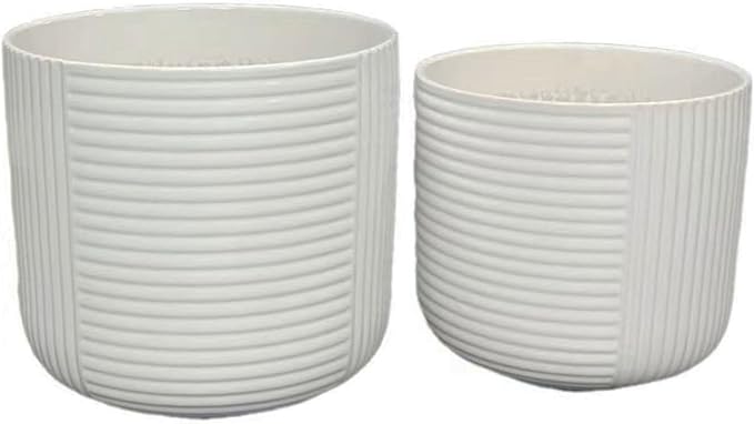 Planter Set of 3 White Ceramic Ribbed Texture Pots 12 10 8 Inch